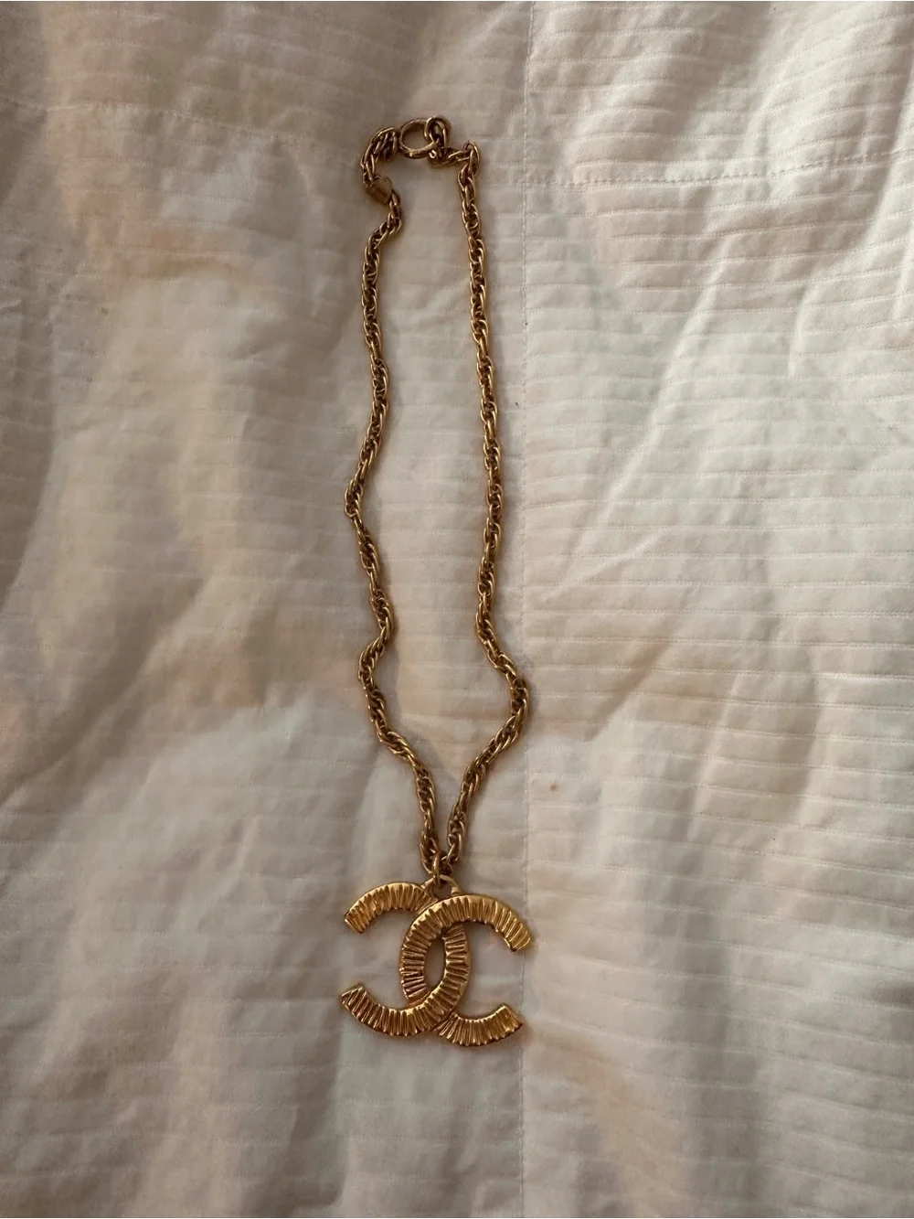 Vintage CHANEL Gold Textured Double C Pendant Necklace